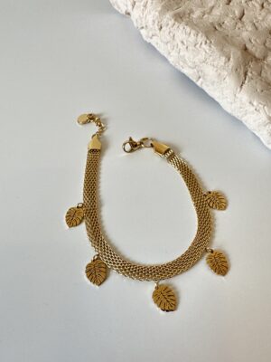 Yaprak Sallantılı Örme Gold Renkli Çelik Bileklik