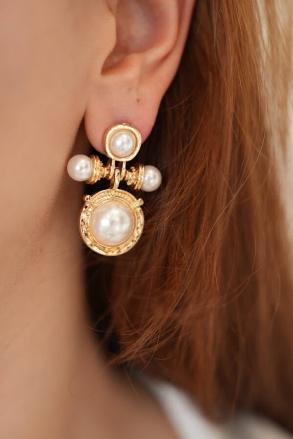 Pirinç Gold Renk İnci Taşlı Motifli Küpe