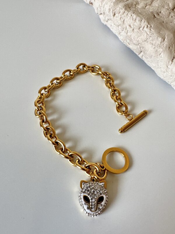Zirkon Taş Detaylı Kedi Sallantılı Gold Renkli Çelik Bileklik