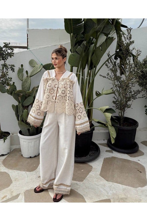 Bohem Dantel Detaylı Krem İkili Takım