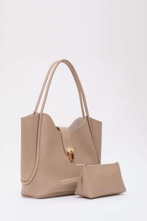 Suni Deri Kilit Detaylı Makyaj Çantalı El Kol Ve Omuz Çantası