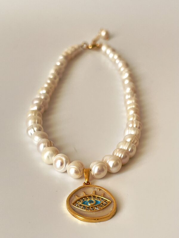 Zirkon Taşlı Göz Model Altın Kaplama Gerçek İnci Kolye