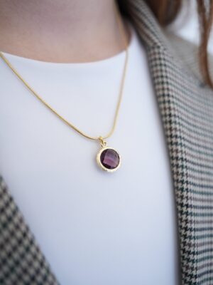 Mor Zirkon Taş Detaylı Çelik Kolye