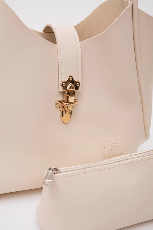 Suni Deri Kilit Detaylı Makyaj Çantalı El Kol ve Omuz Çantası