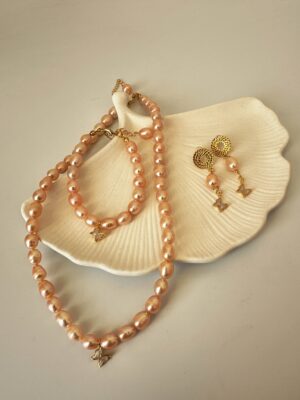 Sedefli Kelebek Detaylı Somon İnci Kolye Bileklik ve Küpe Set