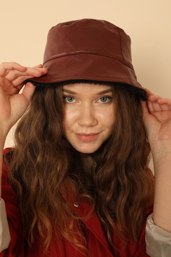 Çift Taraflı Deri Peluş Kadın Bucket Şapka