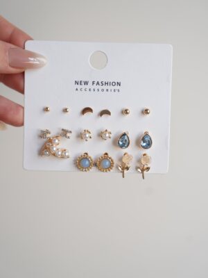 Pirinç Gold Renk Damla Zirkon Taşlı İnci Detay 9 Çift Kadın Küpe Set