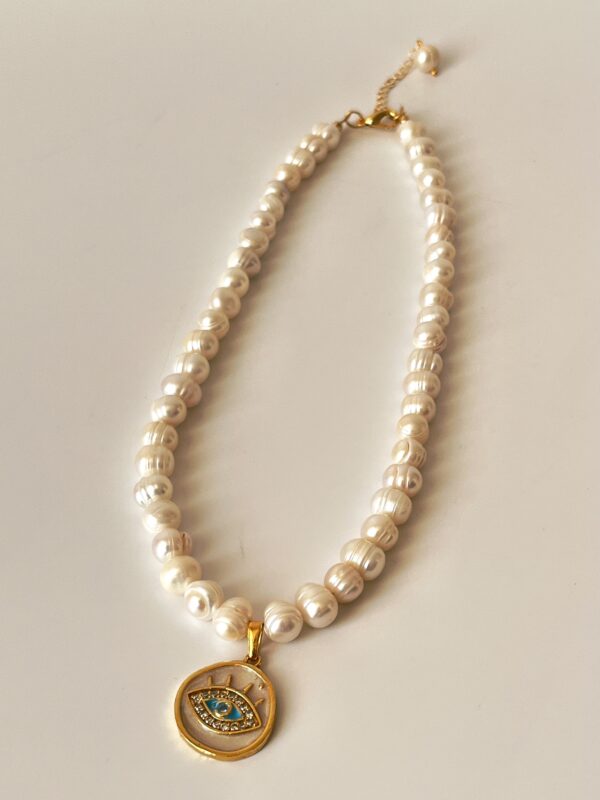 Zirkon Taşlı Göz Model Altın Kaplama Gerçek İnci Kolye