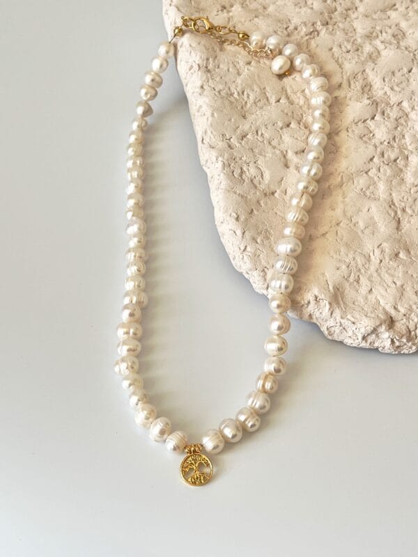 Pirinç Üzeri Altın Kaplama Hayat Ağacı Detaylı Gerçek İnci Kolye