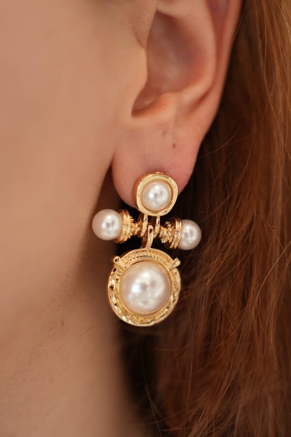 Pirinç Gold Renk İnci Taşlı Motifli Küpe