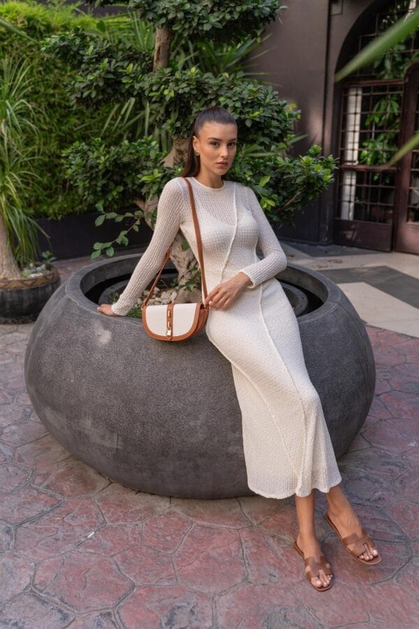 Kontrast Tasarım Çapraz Askılı Çanta - Krem Taba