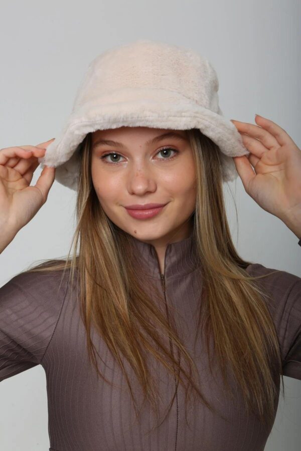 Kadın Bej Peluş Bucket Şapka