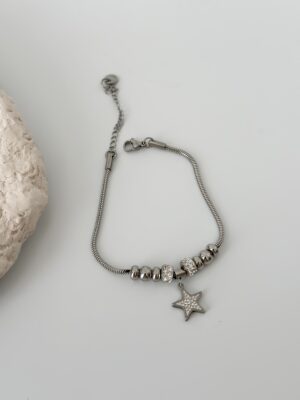 Çelik Gümüş Renk Zirkon Taş Aksesuarlı Yıldız Bileklik