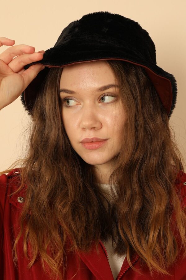 Çift Taraflı Deri Peluş Kadın Bucket Şapka