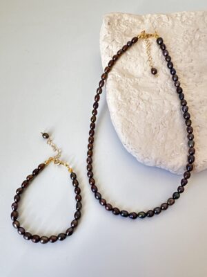 Pirinç Üzeri Altın Kaplama Siyah İnci Kolye ve Bileklik Set