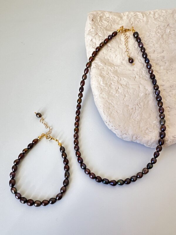 Pirinç Üzeri Altın Kaplama Siyah İnci Kolye ve Bileklik Set