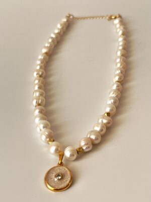 Dorika Detaylı Altın Kaplama Gerçek İnci Choker Kolye