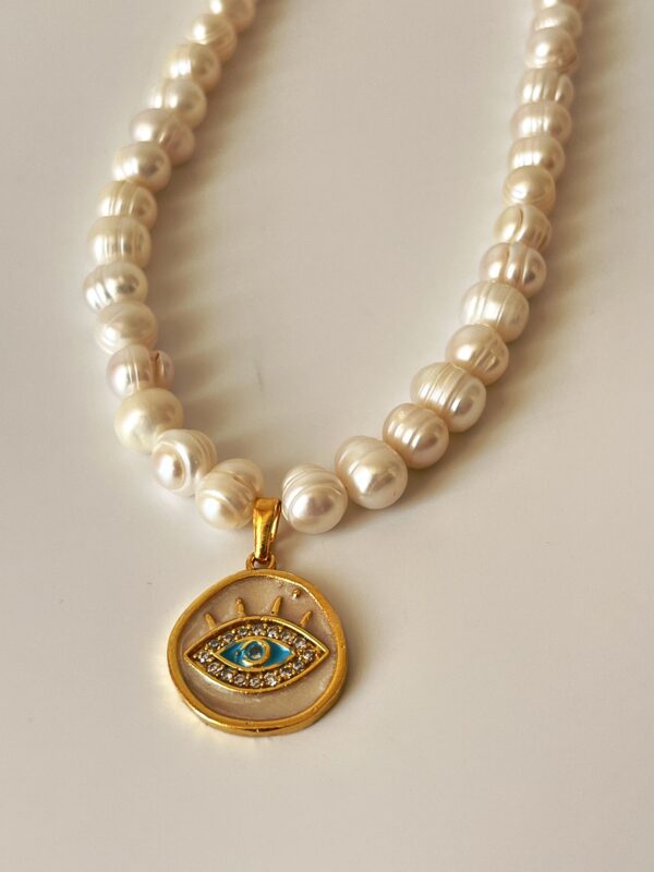 Zirkon Taşlı Göz Model Altın Kaplama Gerçek İnci Kolye