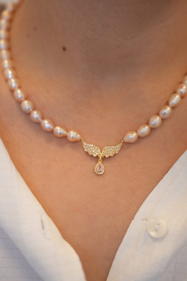 Somon Gerçek Tatlı Su İncili Pembe Zirkon Taşlı Kolye