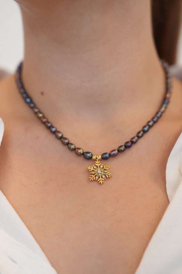 Siyah Gerçek Tatlı Su İncili Kar Tanesi Kolye