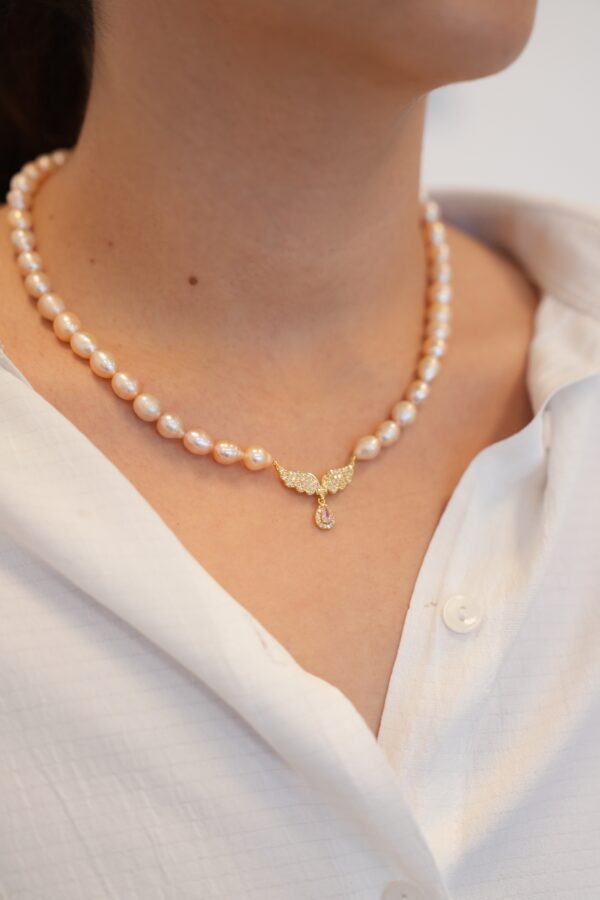 Somon Gerçek Tatlı Su İncili Pembe Zirkon Taşlı Kolye