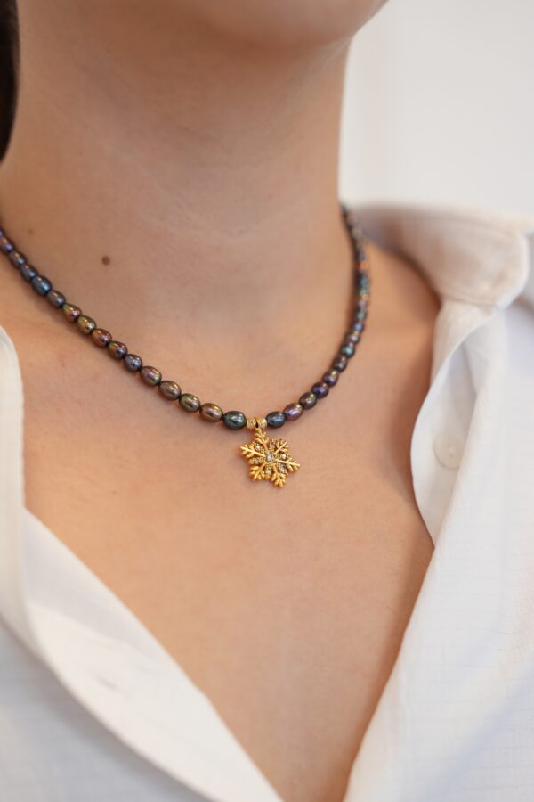 Siyah Gerçek Tatlı Su İncili Kar Tanesi Kolye