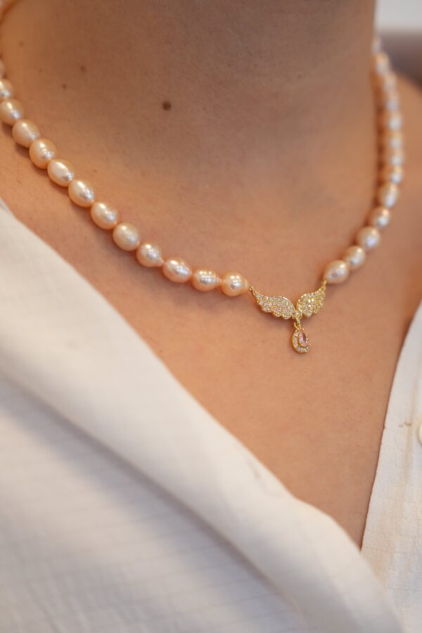 Somon Gerçek Tatlı Su İncili Pembe Zirkon Taşlı Kolye