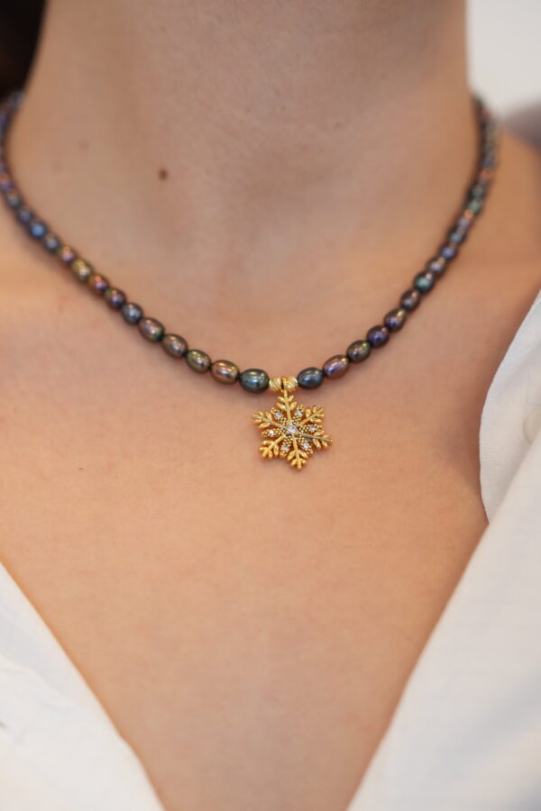 Siyah Gerçek Tatlı Su İncili Kar Tanesi Kolye