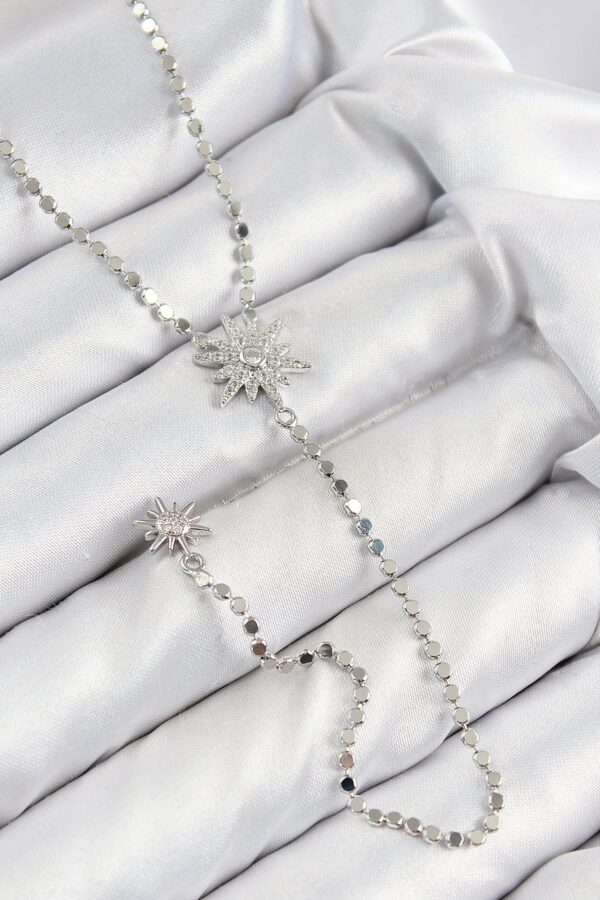 Pirinç Zirkon Taşlı Ezme Zincirli Kutup Yıldızı Model Gümüş Renk Y Kolye