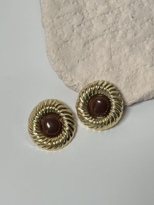 Gold Renk Pirinç Gövdeli Kahverengi Boncuklu Klasik Vintage Küpe