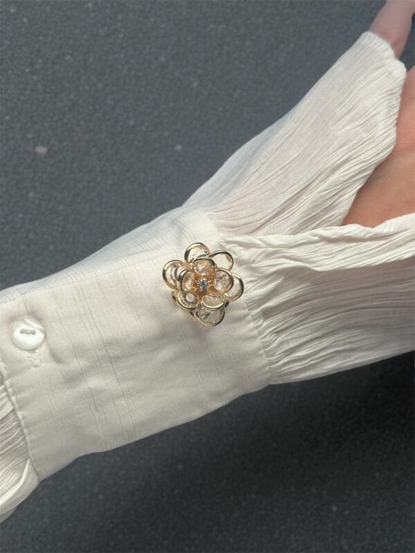 Gold Renk Taşlı Çiçek Kol Düğmesi Broş | Gömlek Manşet/Yaka/Düğme Üstü Aksesuar | İkili Set